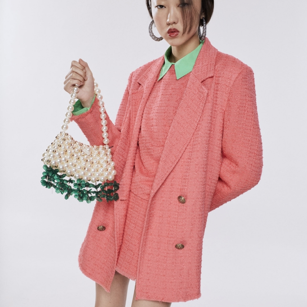 ZARA TEXTURED TWEED BLAZER CORAL PINK XS,L ref: 7484/132